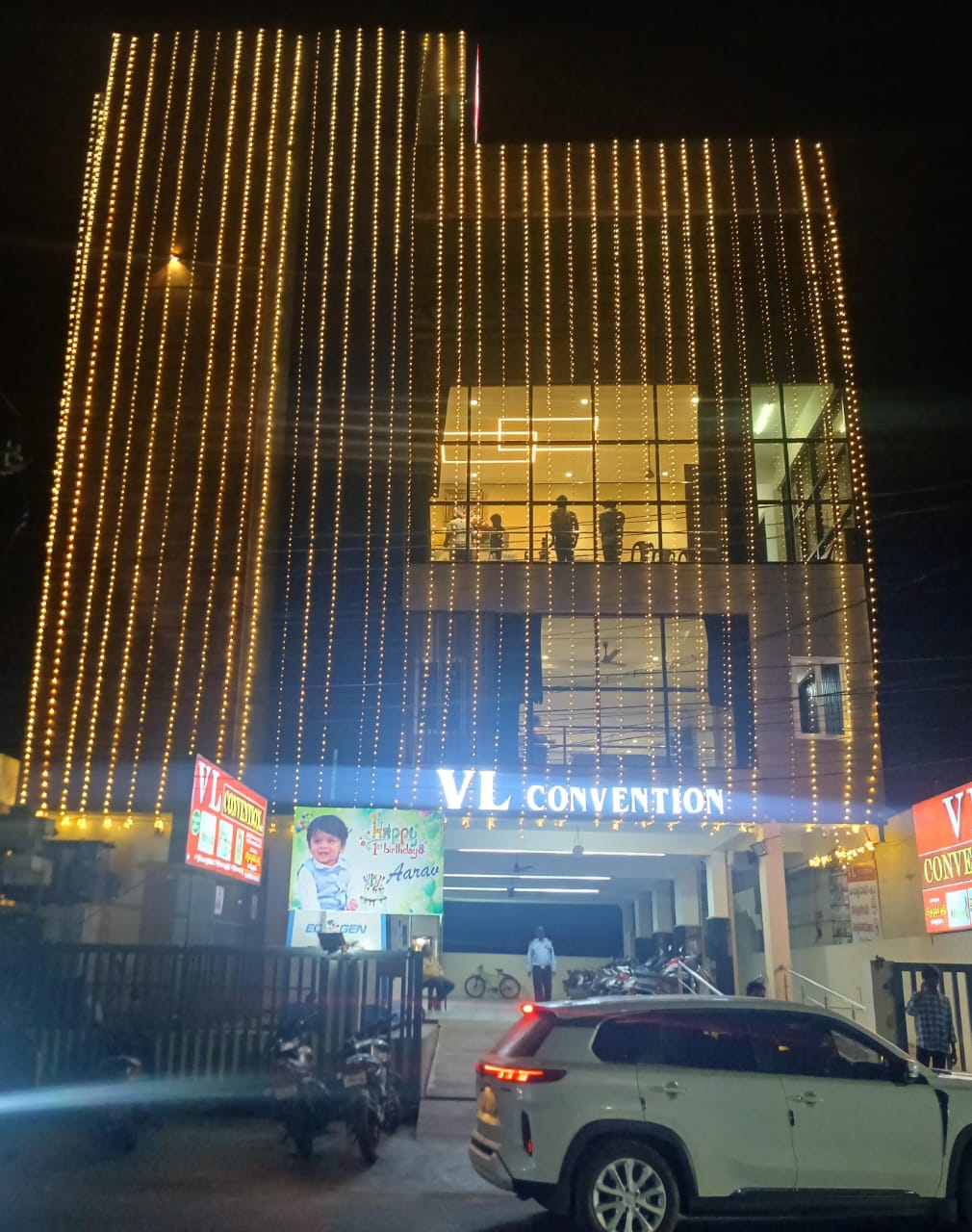 VL Convention Hall exterior in Kakinada illuminated with decorative lights